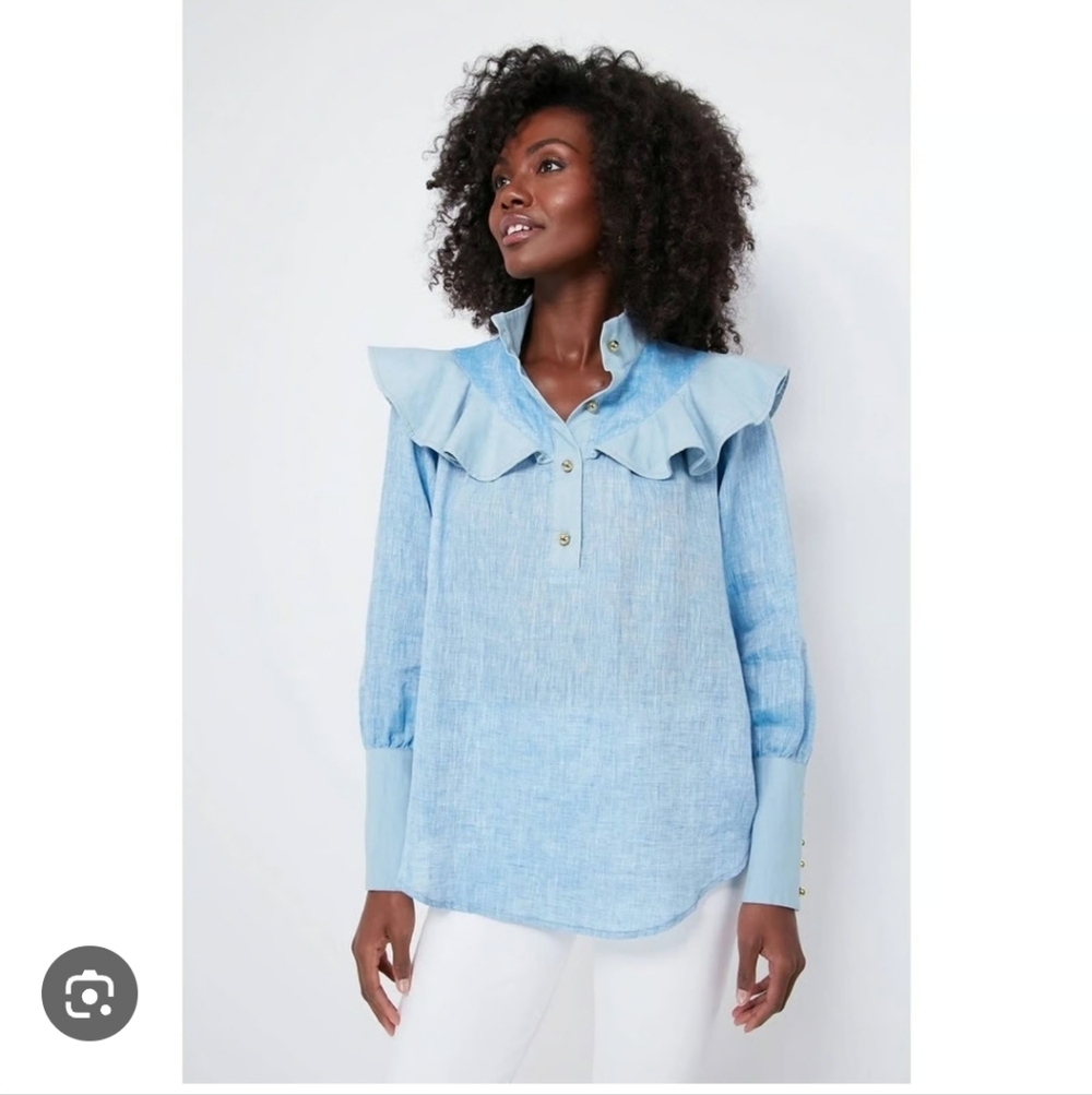 Tuckernuck Chambray Linen Mirabella Blouse In XXS